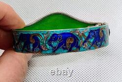 Vtg Rajasthani India Cloisonne Enamel Elephant Bangle Bracelet Sterling Silver
