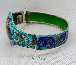 Vtg Rajasthani India Cloisonne Enamel Elephant Bangle Bracelet Sterling Silver