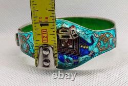 Vtg Rajasthani India Cloisonne Enamel Elephant Bangle Bracelet Sterling Silver