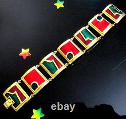 Vtg Rare Runway Monet Red Green Enamel Gp Panel Bracelet Directives Modernist
