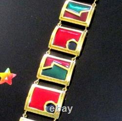 Vtg Rare Runway Monet Red Green Enamel Gp Panel Bracelet Directives Modernist