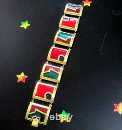 Vtg Rare Runway Monet Red Green Enamel Gp Panel Bracelet Directives Modernist
