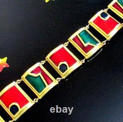 Vtg Rare Runway Monet Red Green Enamel Gp Panel Bracelet Directives Modernist