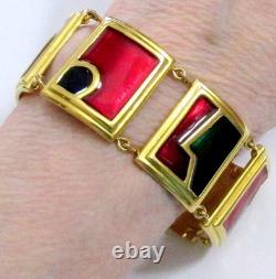 Vtg Rare Runway Monet Red Green Enamel Gp Panel Bracelet Directives Modernist