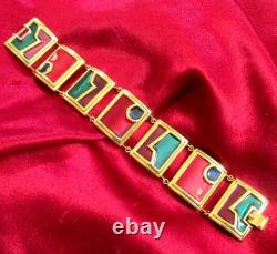 Vtg Rare Runway Monet Red Green Enamel Gp Panel Bracelet Directives Modernist