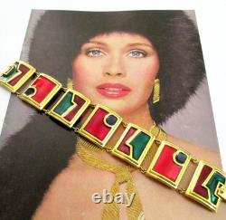 Vtg Rare Runway Monet Red Green Enamel Gp Panel Bracelet Directives Modernist