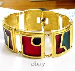 Vtg Rare Runway Monet Red Green Enamel Gp Panel Bracelet Directives Modernist