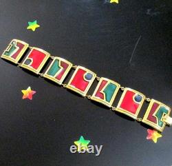 Vtg Rare Runway Monet Red Green Enamel Gp Panel Bracelet Directives Modernist
