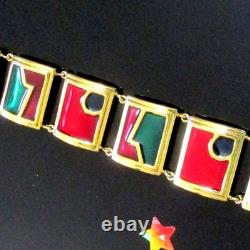 Vtg Rare Runway Monet Red Green Enamel Gp Panel Bracelet Directives Modernist