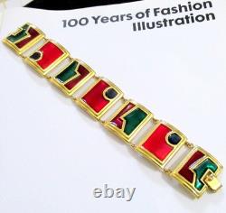 Vtg Rare Runway Monet Red Green Enamel Gp Panel Bracelet Directives Modernist