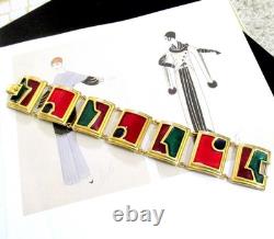 Vtg Rare Runway Monet Red Green Enamel Gp Panel Bracelet Directives Modernist