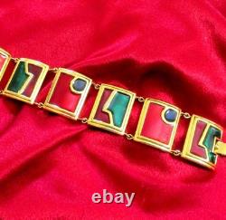 Vtg Rare Runway Monet Red Green Enamel Gp Panel Bracelet Directives Modernist