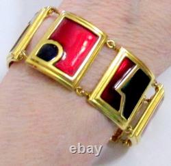 Vtg Rare Runway Monet Red Green Enamel Gp Panel Bracelet Directives Modernist
