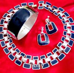 Vtg Runway Set Napier Silver/navy Blue Enamel Necklace Earrings Monet Bracelet