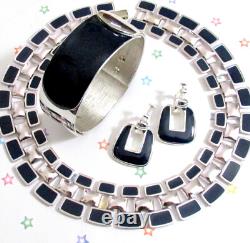 Vtg Runway Set Napier Silver/navy Blue Enamel Necklace Earrings Monet Bracelet