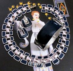 Vtg Runway Set Napier Silver/navy Blue Enamel Necklace Earrings Monet Bracelet