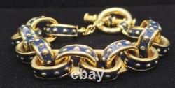 Vtg Signed KJL Kenneth Jay Lane Navy Blue Enamel Gold Tone Rolo Link Bracelet