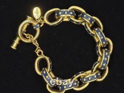 Vtg Signed KJL Kenneth Jay Lane Navy Blue Enamel Gold Tone Rolo Link Bracelet