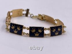 Vtg Sporrong Swedish Heritage Crown Blue Enamel Tre Kronor Link Panels Bracelet