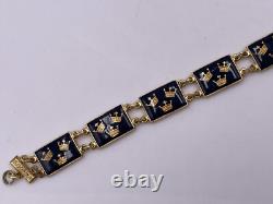 Vtg Sporrong Swedish Heritage Crown Blue Enamel Tre Kronor Link Panels Bracelet