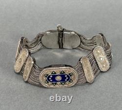 Vtg Sterling Silver Gold Vermeil Blue Green Enamel Turkish Foxtail Bracelet Sz 7