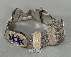 Vtg Sterling Silver Gold Vermeil Blue Green Enamel Turkish Foxtail Bracelet Sz 7