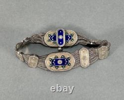 Vtg Sterling Silver Gold Vermeil Blue Green Enamel Turkish Foxtail Bracelet Sz 7