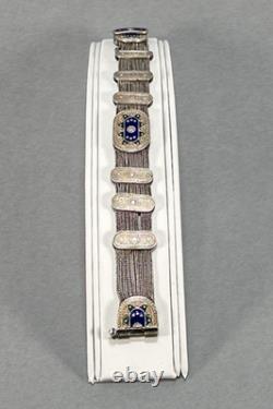 Vtg Sterling Silver Gold Vermeil Blue Green Enamel Turkish Foxtail Bracelet Sz 7