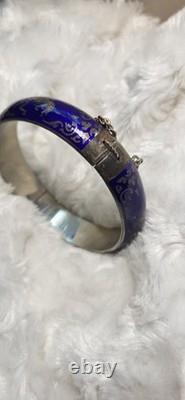 Vtg Sterling Silver Siam Dancing Goddess Blue Enamel Bangle Bracelet Sun Mekala