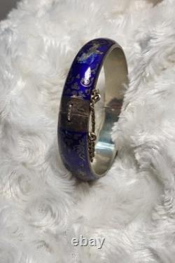 Vtg Sterling Silver Siam Dancing Goddess Blue Enamel Bangle Bracelet Sun Mekala