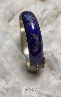 Vtg Sterling Silver Siam Dancing Goddess Blue Enamel Bangle Bracelet Sun Mekala
