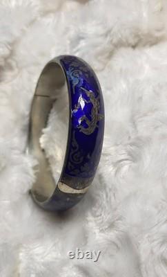Vtg Sterling Silver Siam Dancing Goddess Blue Enamel Bangle Bracelet Sun Mekala