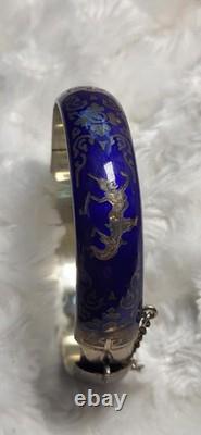 Vtg Sterling Silver Siam Dancing Goddess Blue Enamel Bangle Bracelet Sun Mekala