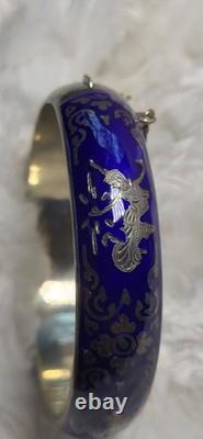 Vtg Sterling Silver Siam Dancing Goddess Blue Enamel Bangle Bracelet Sun Mekala