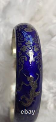 Vtg Sterling Silver Siam Dancing Goddess Blue Enamel Bangle Bracelet Sun Mekala