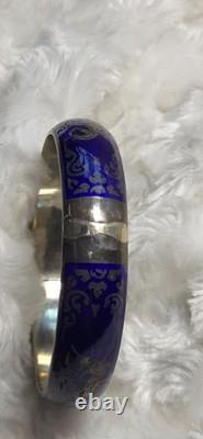 Vtg Sterling Silver Siam Dancing Goddess Blue Enamel Bangle Bracelet Sun Mekala