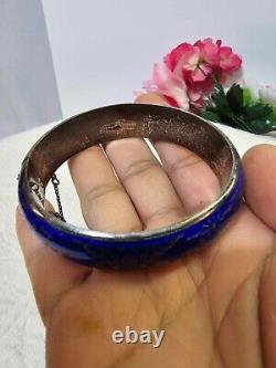 Vtg Sterling siam niello Cobalt blue enamel Bangle Bracelet thick- 45.77g- S20