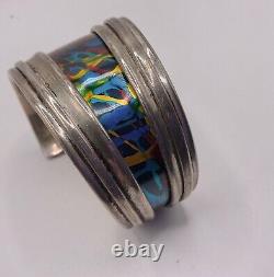 WONDERFUL estate BRIGHT ENAMEL designer WYATT wide STERLING silver CUFF bracelet