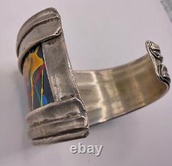 WONDERFUL estate BRIGHT ENAMEL designer WYATT wide STERLING silver CUFF bracelet