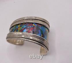 WONDERFUL estate BRIGHT ENAMEL designer WYATT wide STERLING silver CUFF bracelet