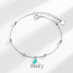 White & Blue Enamel Heart Charm With Bead Wedding Bracelet In 10K White Gold