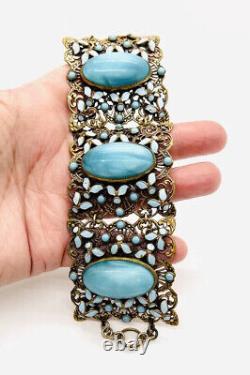 Wide NEIGER Bros Czech Blue Spun Glass & Enamel Bracelet Vintage Antique Jewelry