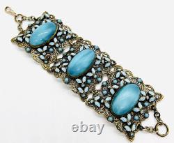 Wide NEIGER Bros Czech Blue Spun Glass & Enamel Bracelet Vintage Antique Jewelry