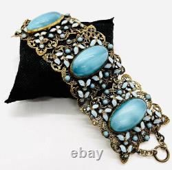 Wide NEIGER Bros Czech Blue Spun Glass & Enamel Bracelet Vintage Antique Jewelry