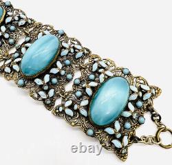 Wide NEIGER Bros Czech Blue Spun Glass & Enamel Bracelet Vintage Antique Jewelry