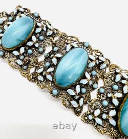 Wide NEIGER Bros Czech Blue Spun Glass & Enamel Bracelet Vintage Antique Jewelry