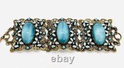 Wide NEIGER Bros Czech Blue Spun Glass & Enamel Bracelet Vintage Antique Jewelry