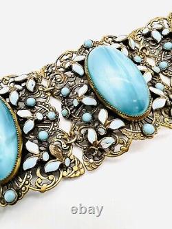 Wide NEIGER Bros Czech Blue Spun Glass & Enamel Bracelet Vintage Antique Jewelry