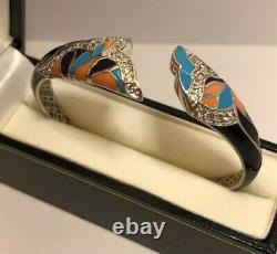 WoW Sterling Silver Onyx Enamel Flower CZ Gemstone 925 Bangle Cuff Bracelet 6.5