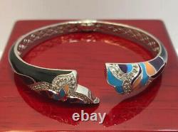 WoW Sterling Silver Onyx Enamel Flower CZ Gemstone 925 Bangle Cuff Bracelet 6.5